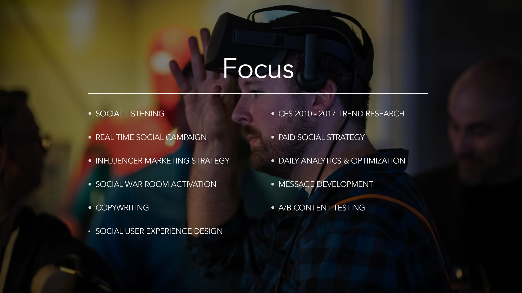 Dell CES strategy focus slide listing social listening, trend research, paid social, influencer strategy, and social war room activation