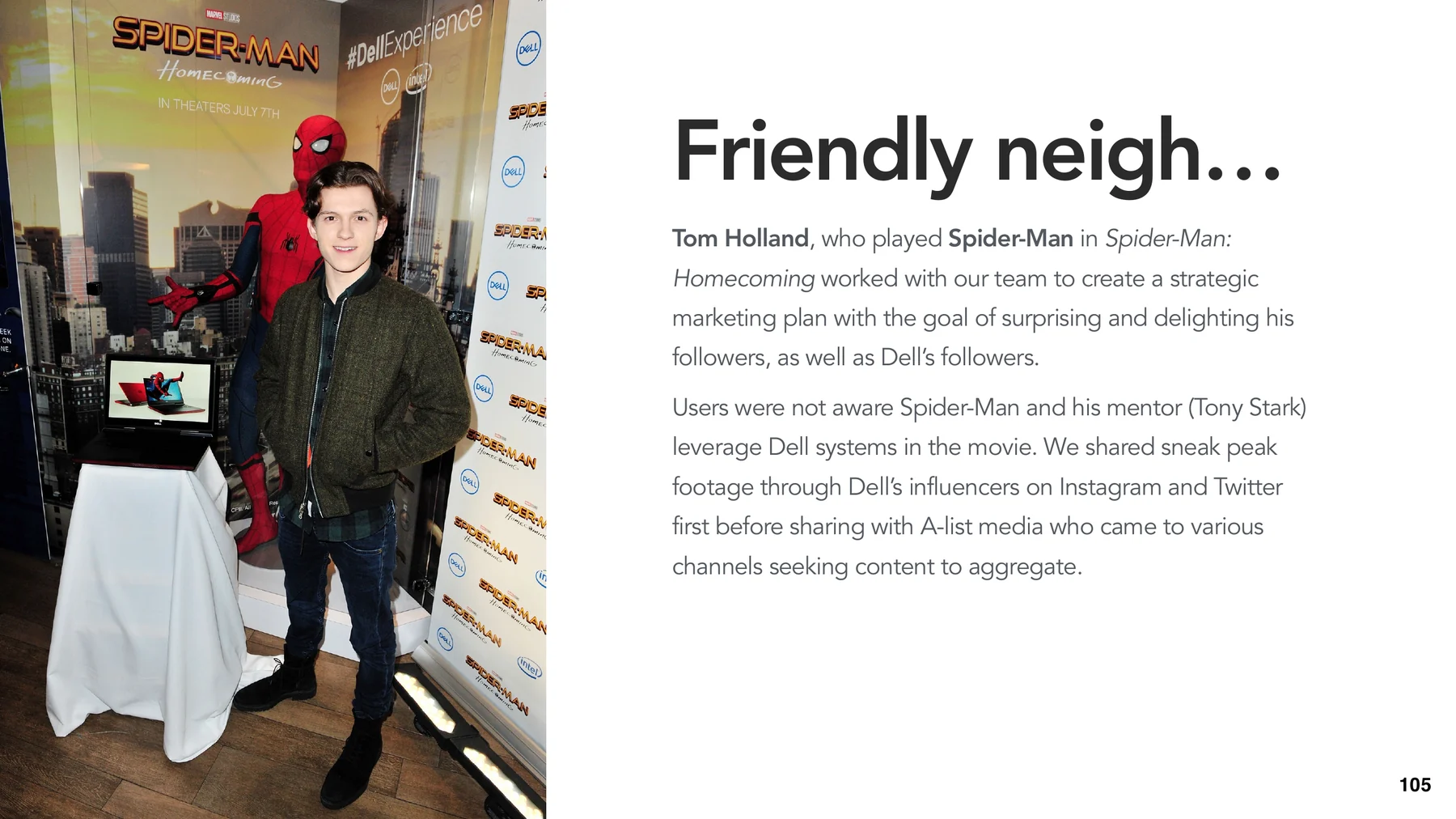 Dell CES Spider-Man partnership slide featuring Tom Holland and Spider-Man event presence