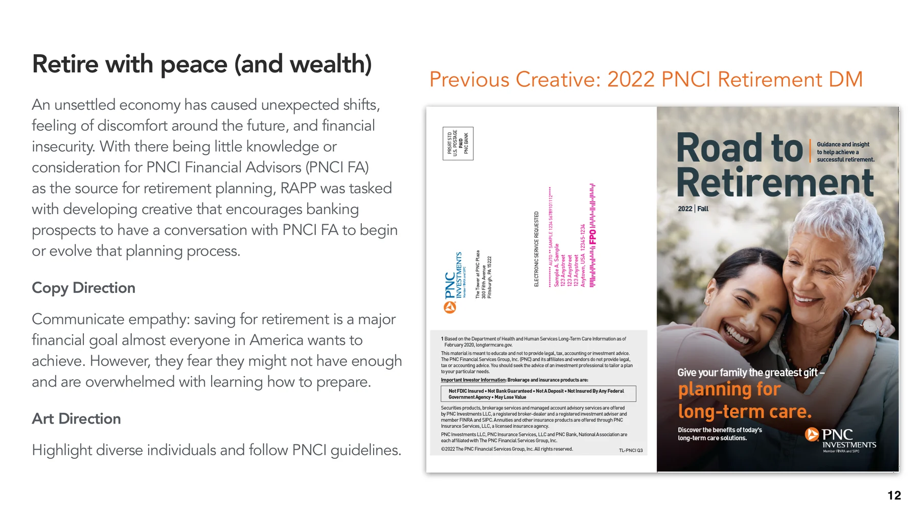 PNC Investments retirement brief showing the 2022 direct mail creative used for analysis