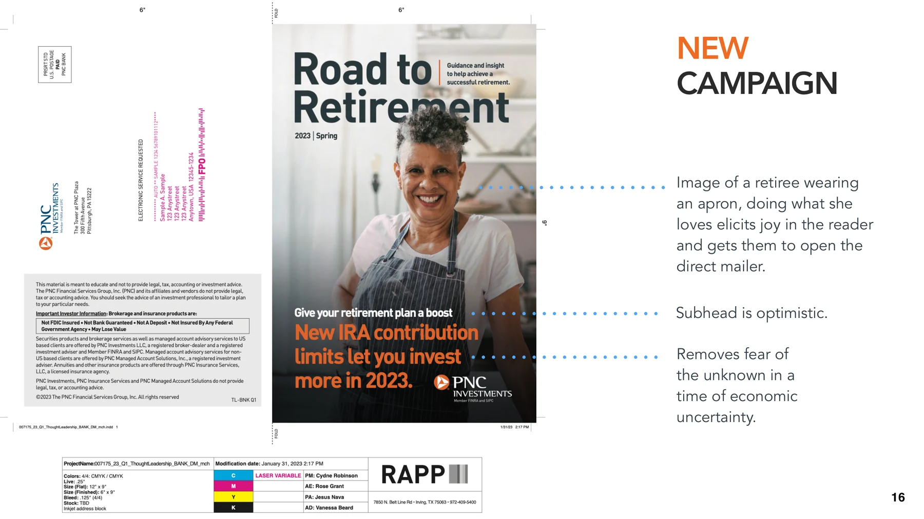 PNC Investments refreshed 2023 retirement direct mail concept featuring a Black woman in an apron