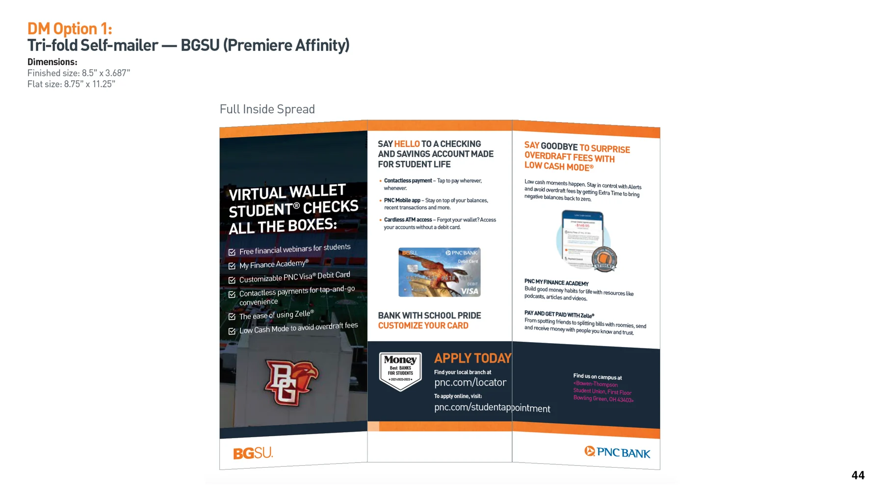 PNC Bank student direct mail tri-fold self-mailer concept