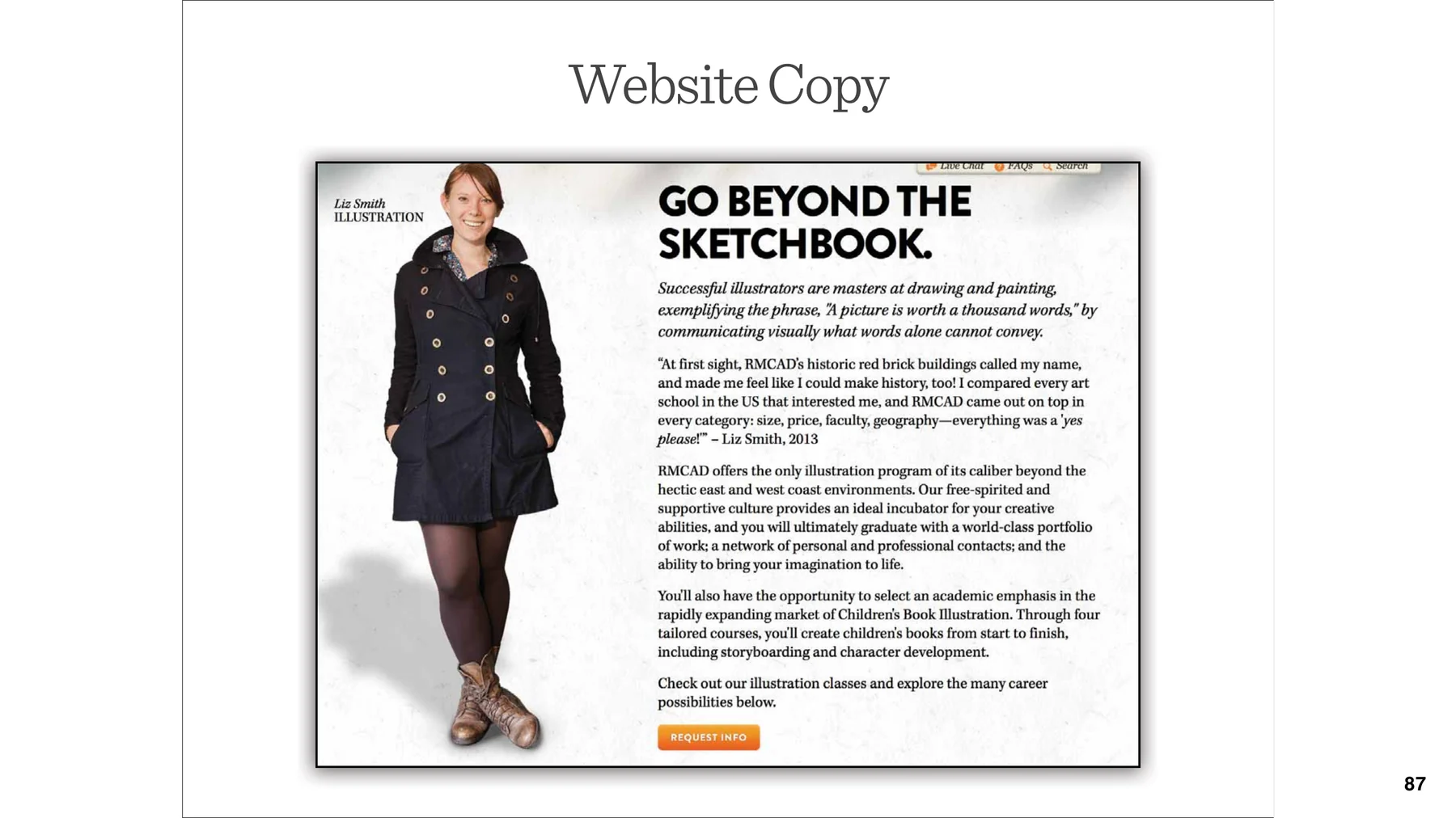 RMCAD website copy page for fashion design with Go Beyond the Sketchbook headline