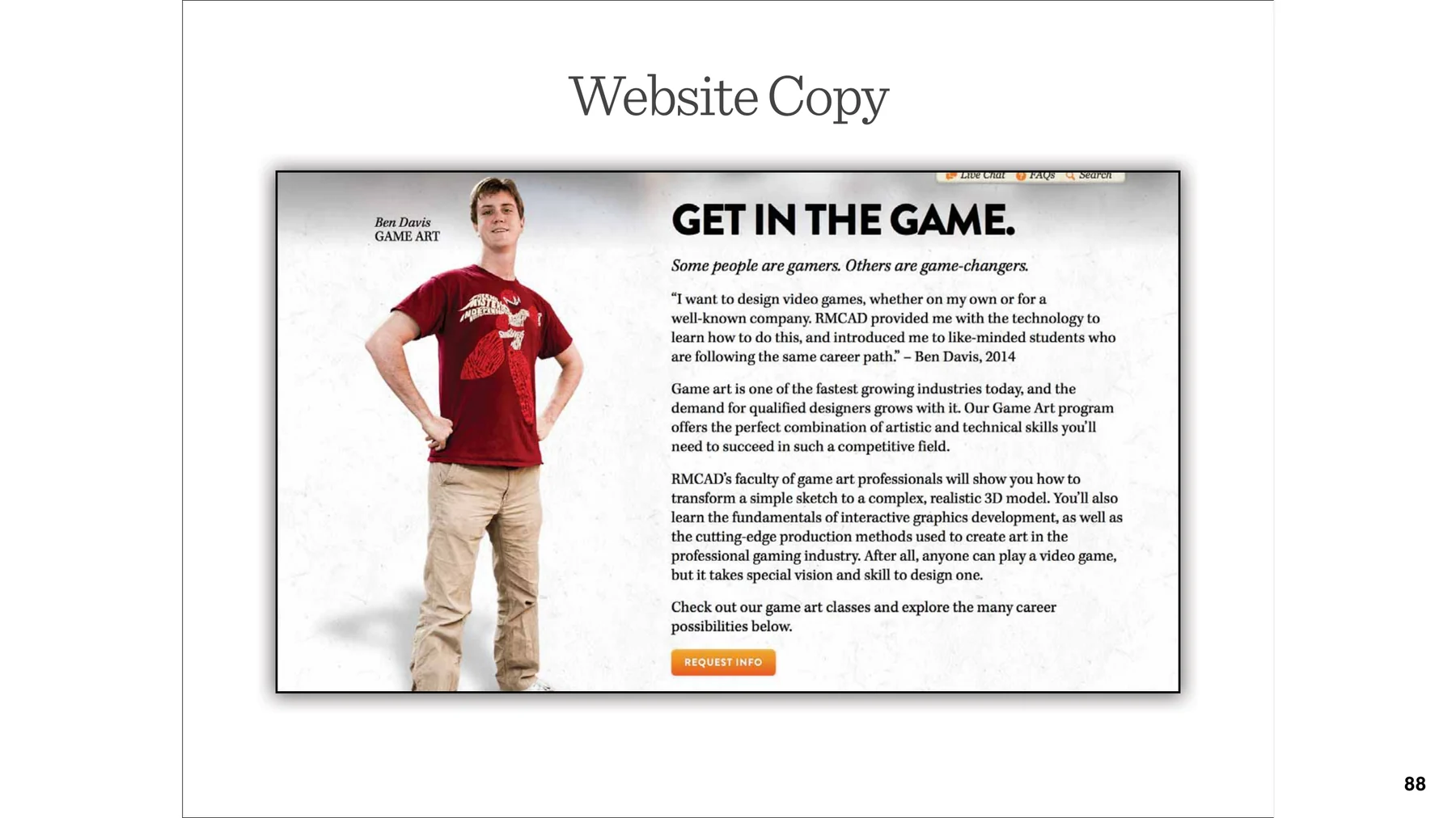 RMCAD website copy page for game art with Get in the Game headline