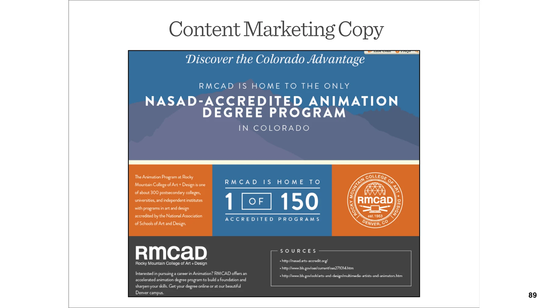 RMCAD content marketing copy for NASAD-accredited animation degree program